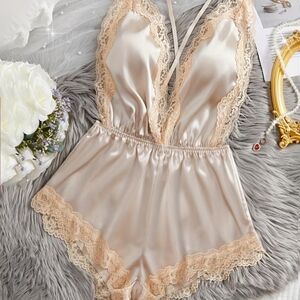 Elegant Lace Trim Deep V-neck Satin Romper/Sleepwear Large